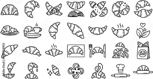 Black and White Line Art Croissant Icons Set for Food and Baking Industry. Hand-drawn Pastry, Breakfast, and Cafe Elements Vector Collection.