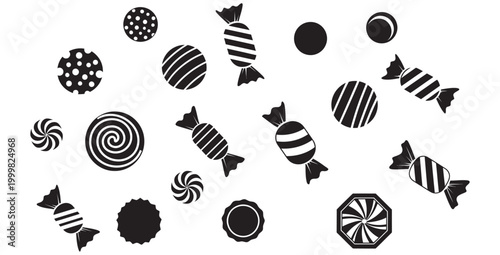 Collection of various black and white candy icons including wrapped sweets round candies with stripes dots and swirls perfect for festive design elements or sweet treats illustrations.