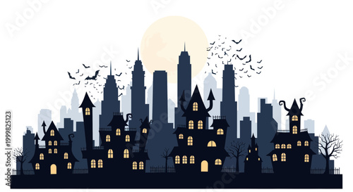 Quadro su tela Spooky Halloween Skyline with Haunted Houses and Bats under Full Moon