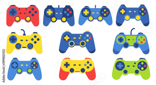 Collection of colorful video game controllers on white background, gaming concept