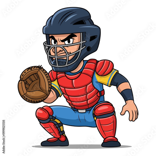 Cartoon Baseball Catcher Ready to Catch Ball, Sports Illustration