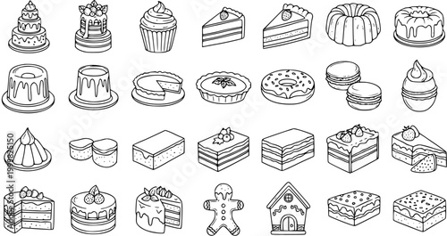 Food Industry Black and White Line Art Dessert Icons Set. Hand-drawn Outline Collection of Cakes, Pastries, Donuts, and Sweet Baked Goods.