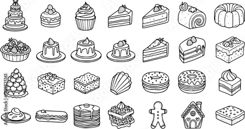 Food  Confectionery: Black and White Line Art Icons Collection of Various Desserts, Cakes, Cupcakes, Donuts, and Sweet Pastries - Hand-drawn Outline Style.