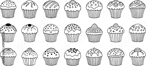 Hand-Drawn Black and White Line Art Cupcakes and Muffins Vector Illustration Set. Sweet Dessert Treats for Food Industry and Bakery Designs.