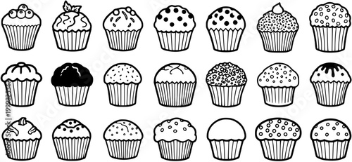 Black and White Line Art Cupcakes and Muffins Icons Set. Outline Food and Baking Sweet Desserts Vector Collection for Confectionery, Bakery, and Cafe Designs.