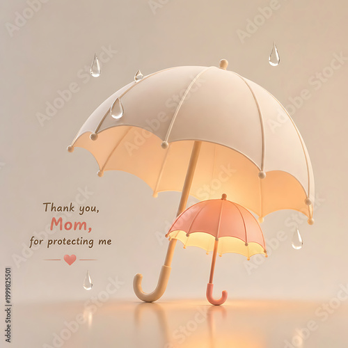 Happy Mothers Day Love Concept – Mom Protecting Child with Umbrella in Rain, Family Care Protection Symbol, Thank You Mom Greeting Card Design