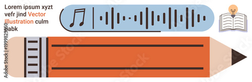 Content creation, education, learning tools, audio design, publishing, creative thinking. Large pencil with waveform, music note open book. Writing tools and education theme