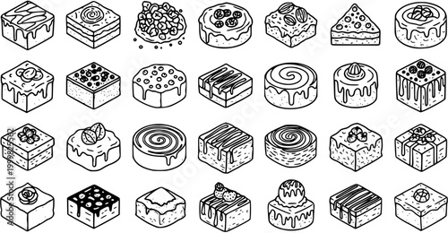 Black and White Line Art Isometric Vector Icons of Delicious Desserts, Pastries, and Cakes