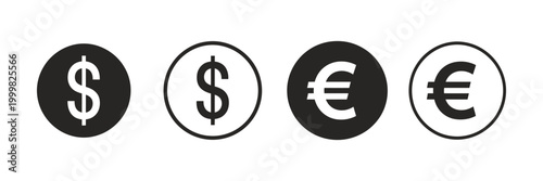 Dollar and euro currency icon vector set for global finance, business transactions, and currency exchange symbol design