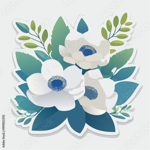 White Anemone Flowers with Blue Centers and Green Leaves