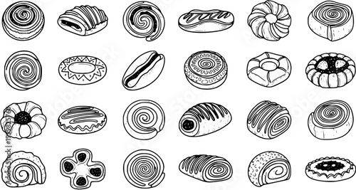 Konstfotografi Black and White Line Art Vector of Assorted Delicious Pastries and Baked Goods,