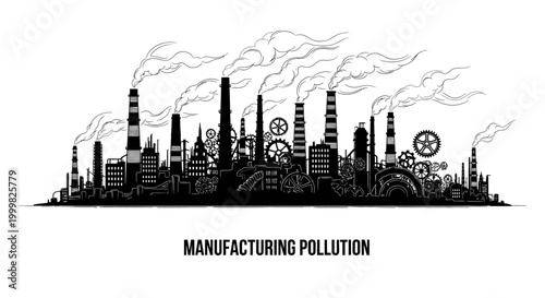 Bild auf Leinwand Industrial factory complex silhouette with smoking chimneys and mechanical gears