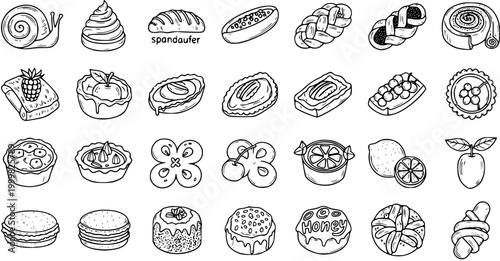 Black and White Line Art Icons of Sweet Pastries and Baked Goods, Vector Food Illustrations