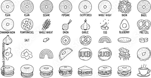 Black and White Line Art Vector Set of Bagel Flavors and Related Food Items