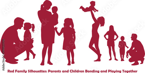 Vibrant red family silhouettes depicting joyful parents and children interacting and playing happily