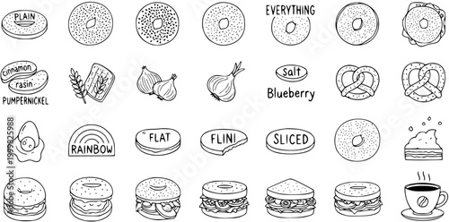 Black and White Line Art Icons of Bagels, Pretzels, and Coffee for Food Industry