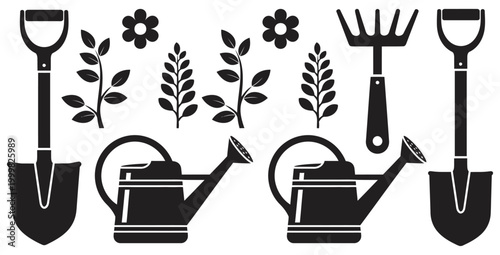 Collection of black silhouette garden tools and plants including shovels watering cans a rake and sprigs of leaves and flowers for creative graphic design projects