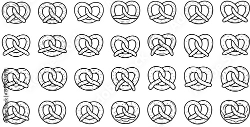 Black and White Line Art Collection of Various Pretzel Icons on White Background