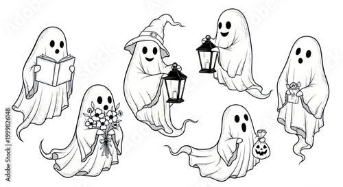 Cute Halloween Ghosts Collection: Reading, Flowers, Lanterns, Gifts