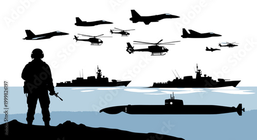 Military Fleet and Air Force Silhouette with Soldier - Naval and Aerial Power