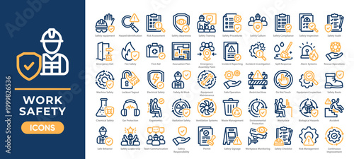 Work safety icon set featuring hazard control, emergency response, PPE, and workplace protection. Simple two tone vector.