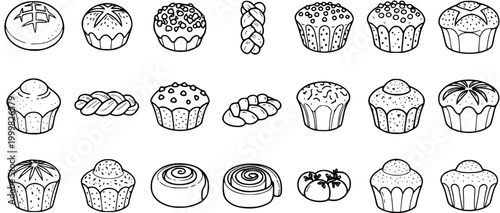 Black and White Line Art Illustration of Assorted Baked Goods and Pastries, Vector Set