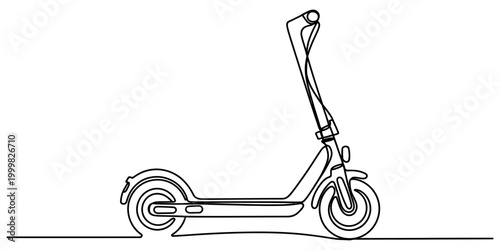 Electric scooter drawn with a single continuous black line art style illustration representing modern urban transportation and eco friendly city travel Vector, illustration