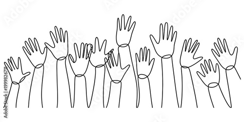 Many human hands raised up in the air as a group of people showing support and unity in a simple black and white continuous single line drawing style Vector, illustration