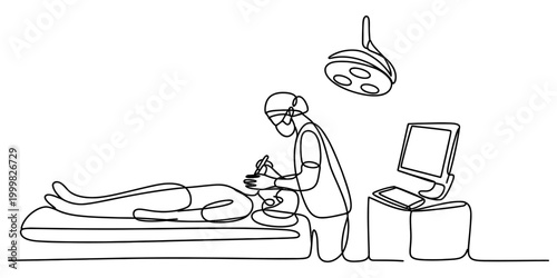 Continuous single line drawing of a surgeon performing a medical operation on a patient lying on a hospital bed with surgical equipment and monitor Vector, illustration