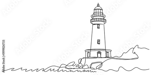 Continuous single line drawing of a tall lighthouse standing on a rocky island by the ocean waves in a simple minimal artistic black and white style Vector, illustration
