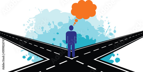 Decision-Making Concept with Person at Crossroads and Thought Bubble for Career or Life Choices