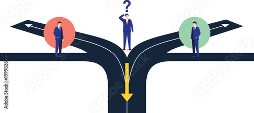 Decision Making Concept with Businessman at Crossroads and Uncertainty About Future Path