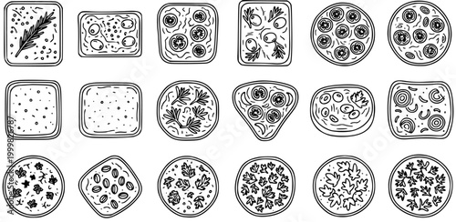 Food Industry: Hand-drawn Black  White Line Art Outline Sketch Icons Collection of Various Pizza and Focaccia Top Views with Different Toppings.