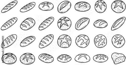 Assortment of various bakery bread and pastry loaves in black and white hand-drawn line art style for food industry menus, recipes, and packaging design.