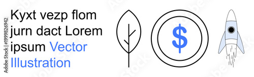 Business strategy, investments, financial growth, technology startups, eco-finance, conceptual design. ion of a dollar sign, rocket and leaf. Financial growth and eco-finance concept