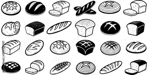 Black and White Line Art Collection of Various Bread Loaves and Baguettes, Food Vector Icon Set