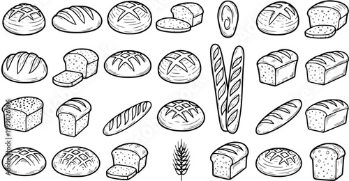 Black and White Line Art Collection of Assorted Bread Loaves and Baguettes