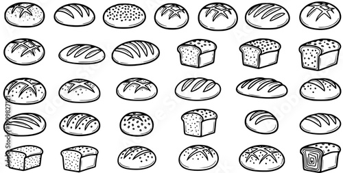 Black and White Line Art Collection of Various Breads, Bakery Icons
