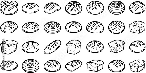 Black and White Line Art Collection of Various Bread Types, Bakery Icons, Food Vector