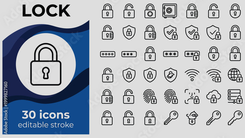 A collection of lock and security related icons illustrating digital safety and access control for online and physical security concepts