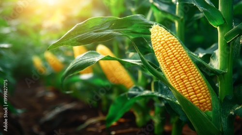 Golden Corn Ears Growing in Lush Green Cornfield with Sunlight Glimmering Through Leaves on a Bright Sunny Day