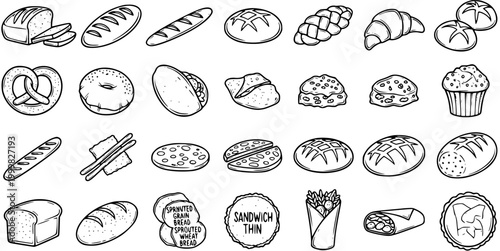 Black and White Line Art Icons of Assorted Baked Goods and Bread
