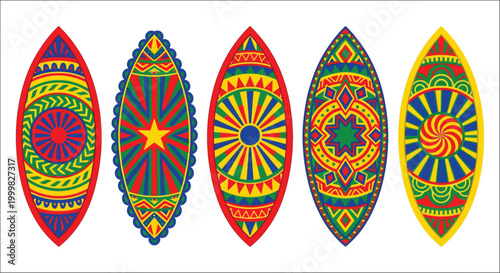 five colorful puttul designs on white background