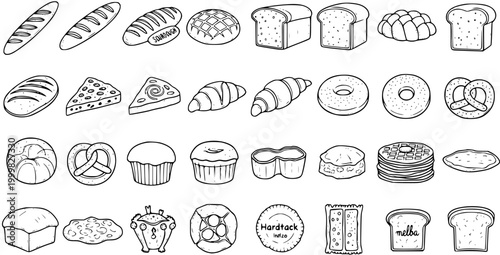 Black and White Line Art Bakery Icons Set: Assortment of Bread, Pastries, and Baked Goods Collection.