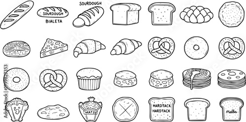 Food and Bakery Black and White Line Art Icon Set featuring a variety of Bread, Pastries, and Baked Goods