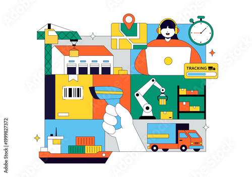 Logistics Vector Illustration Featuring Global Shipping Delivery Supply Chain Warehouse Cargo Transport Across Air Sea And Land Freight Design