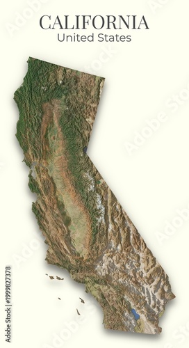 California Shaded Relief Map. United States. Hillshaded physical map. Terrain illustration of California. Elements of this image derrived from NASA imagery and SRTM dataset.