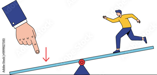 Person Running on Seesaw with Pointing Hand Symbolizing Imbalance, Decision, and Strategy Concept