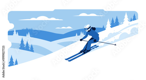 Woman skiing down a snowy mountain slope, winter sport, blue tones, flat design