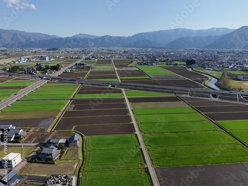 Aerial view of a vast agricultural landscape under clear skies